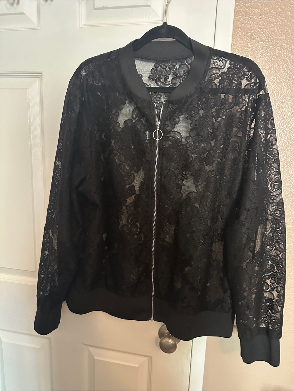 SHEIN Black Floral Lace Bomber Jacket